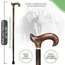 Gents Wooden Scorched Derby Cane with Collar Walking Stick with Natural Wood Stain 94cm (37") Height